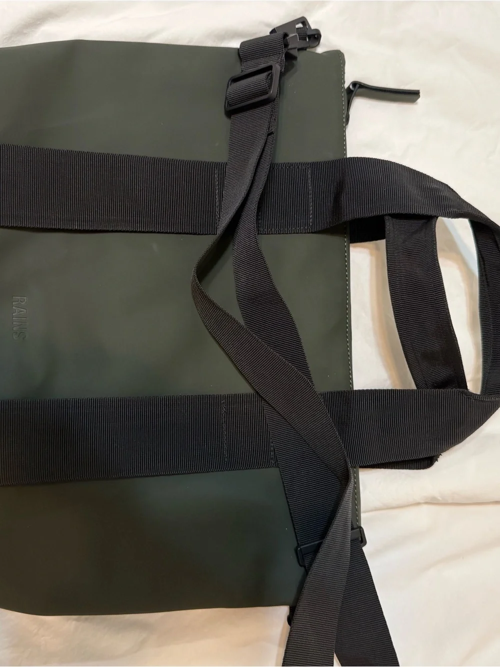 RAINS Olive Green Laptop Bag with Black Straps